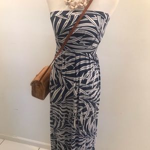 Tropical Print Navy & White Strapless Maxi Dress S